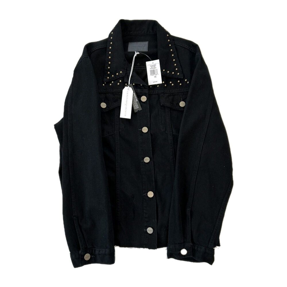 🔥NWT‎ -Sanctuary/Denim Distressed Studded Button-up Women's Jacket, 1X, Raw Hem